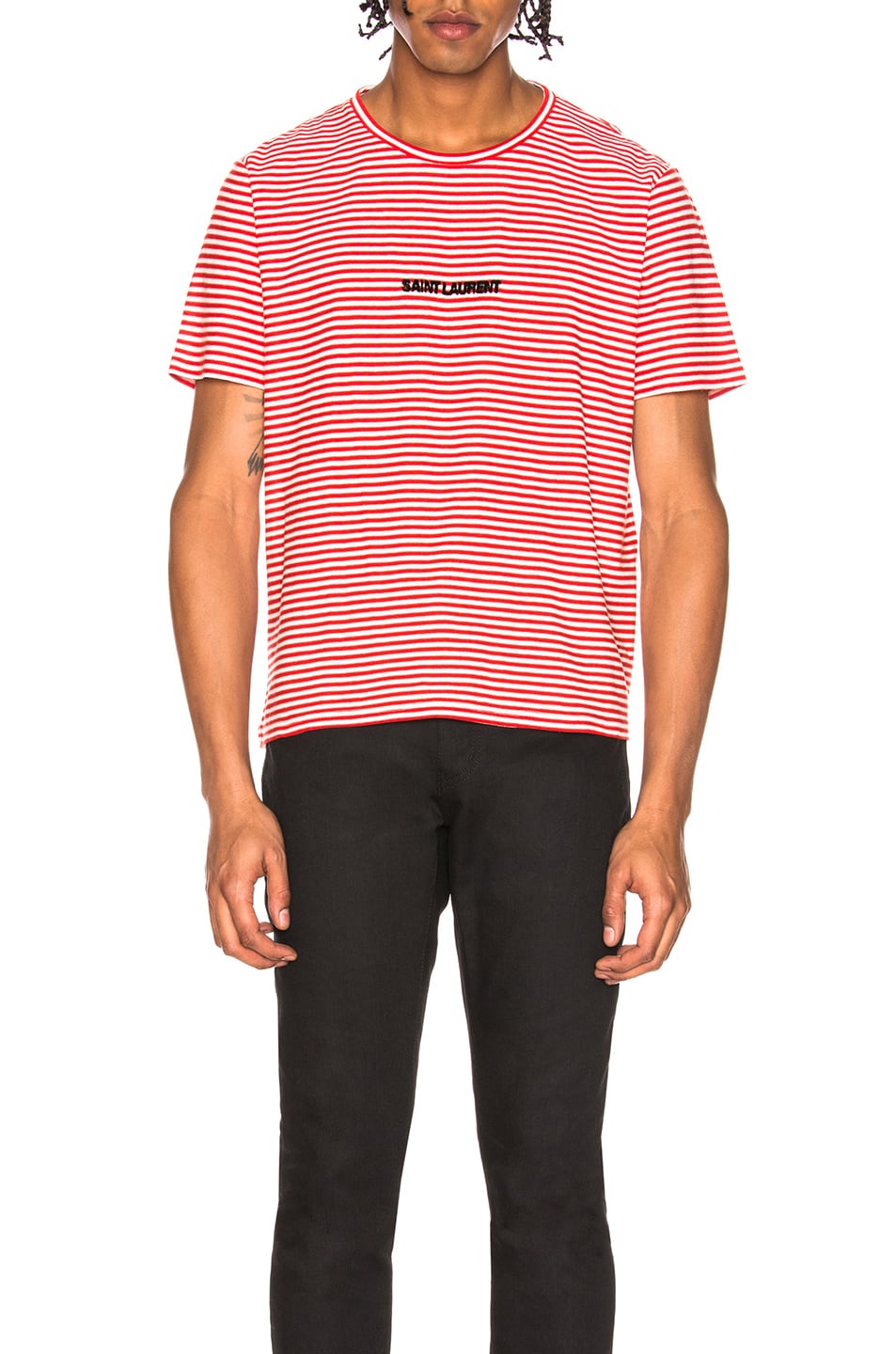 Image 1 of Saint Laurent Striped Logo Tee in Red & White