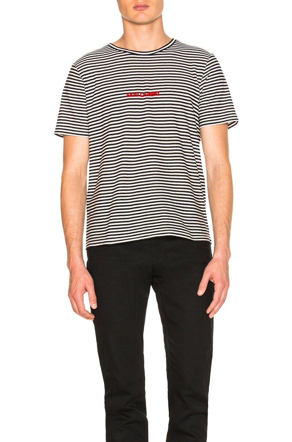 Image 1 of Saint Laurent Striped Tee in Black & Natural & Red