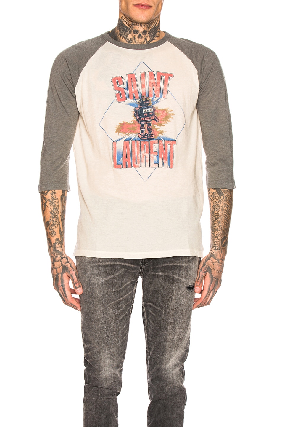Image 1 of Saint Laurent Graphic Long Sleeve Tee in Natural & Grey