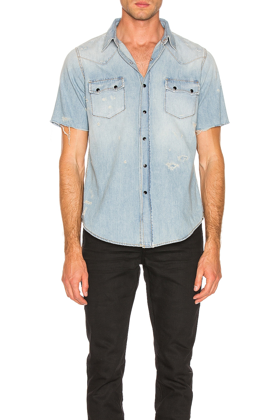 Image 1 of Saint Laurent Short Sleeve Denim Shirt in Dirty Sunrise Blue