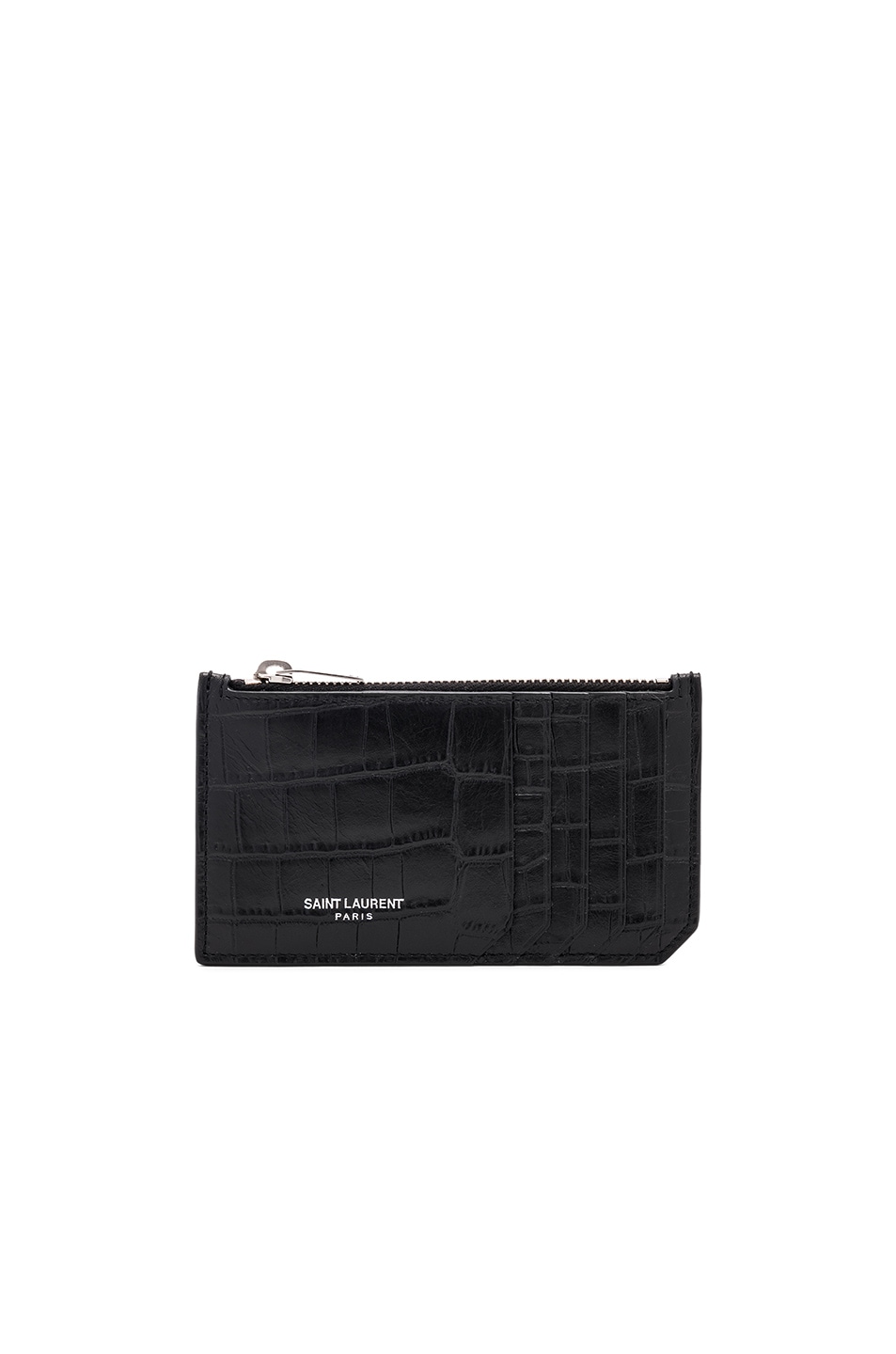 Image 1 of Saint Laurent Matte Croc Zipped Fragments Credit Card Case in Black