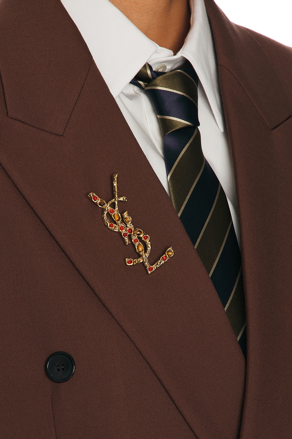 Saint Laurent Embellished Cassandre Brooch In Or Laiton Marron & Ora