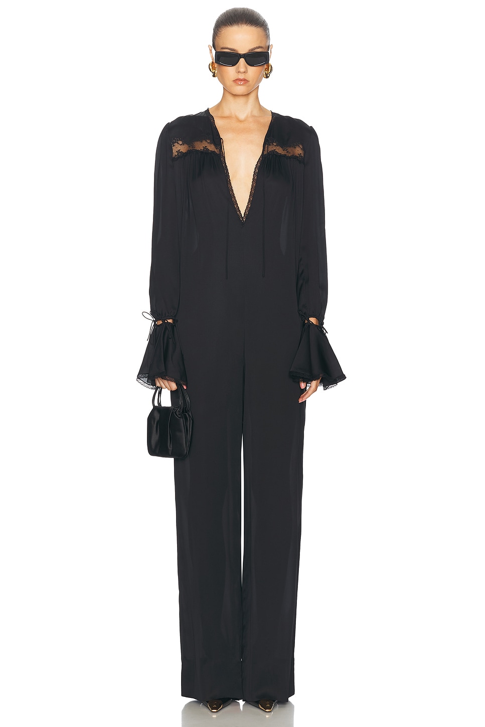 Image 1 of Saint Laurent Tie Front Long Jumpsuit in Noir