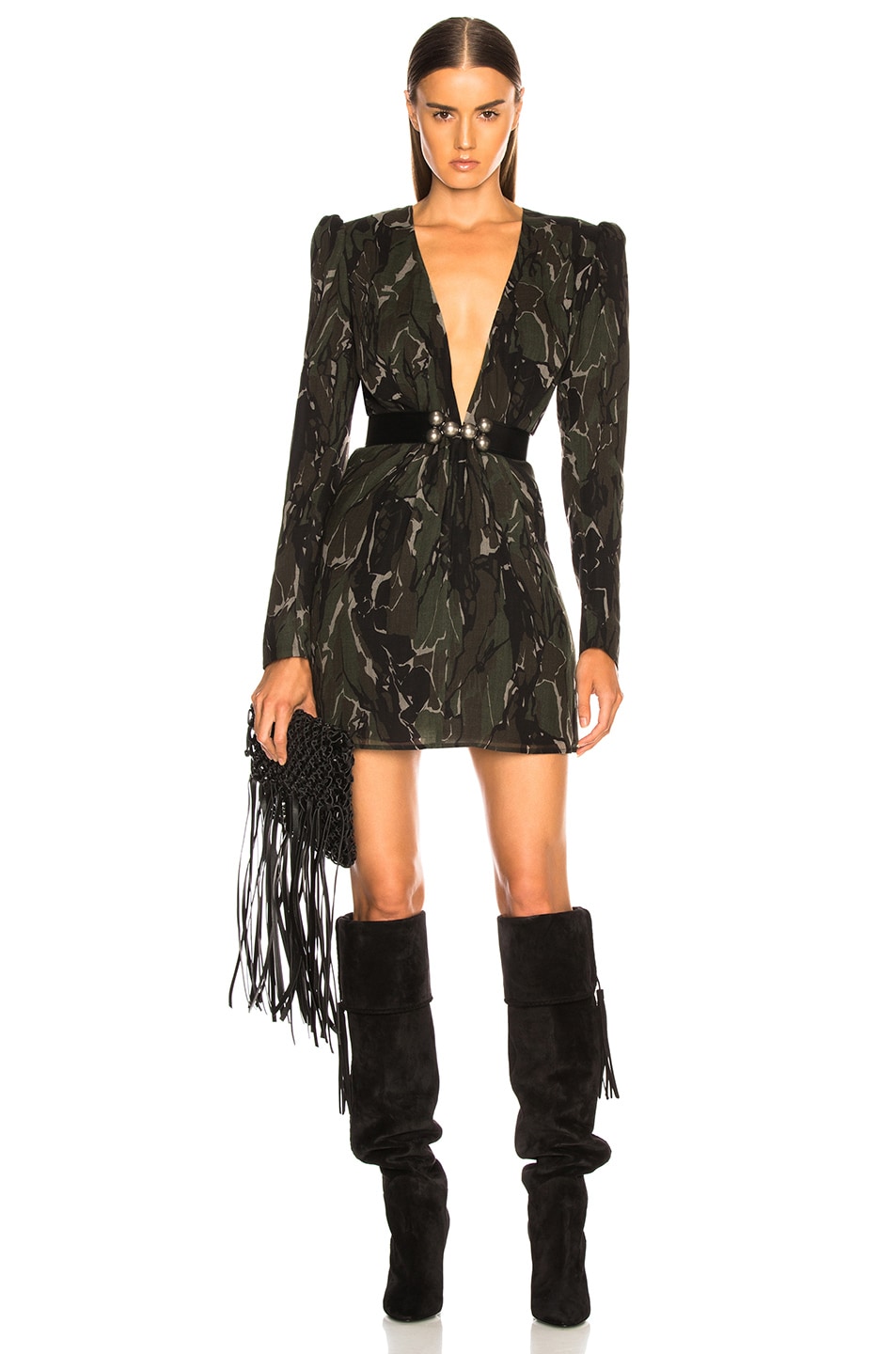 Image 1 of Saint Laurent Camouflage Plunging Mini Dress in Military Green