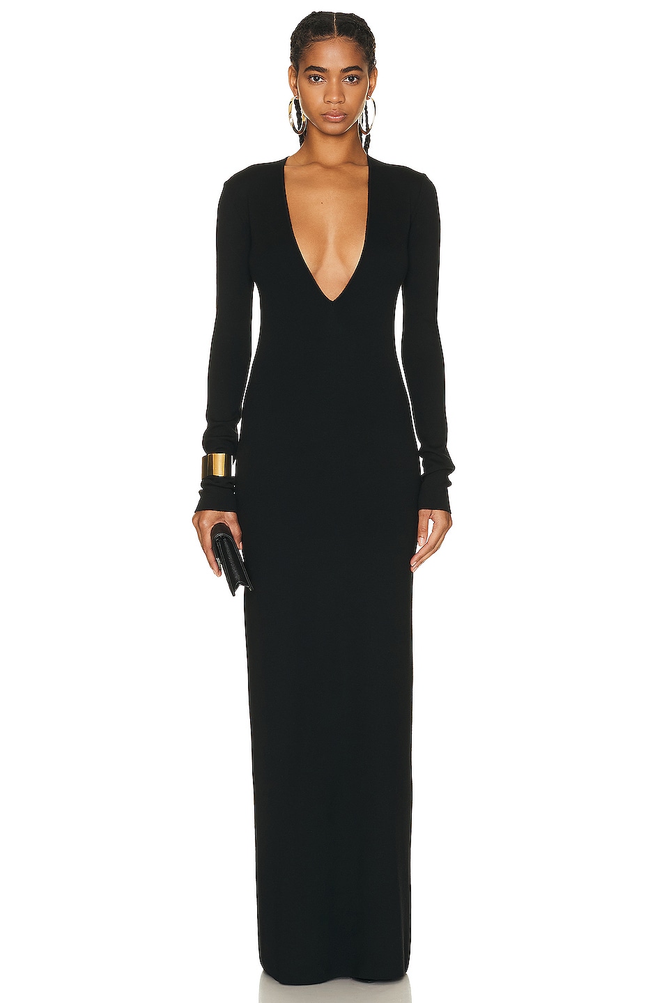 Image 1 of Saint Laurent Plunge Long Sleeve Gown in Noir
