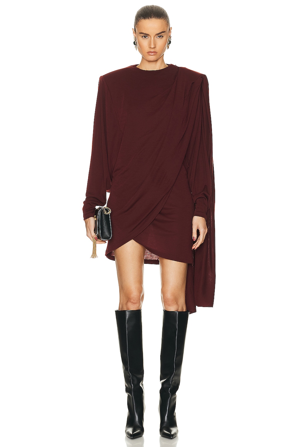 Image 1 of Saint Laurent Long Sleeve Draped Dress in Rouge Piment