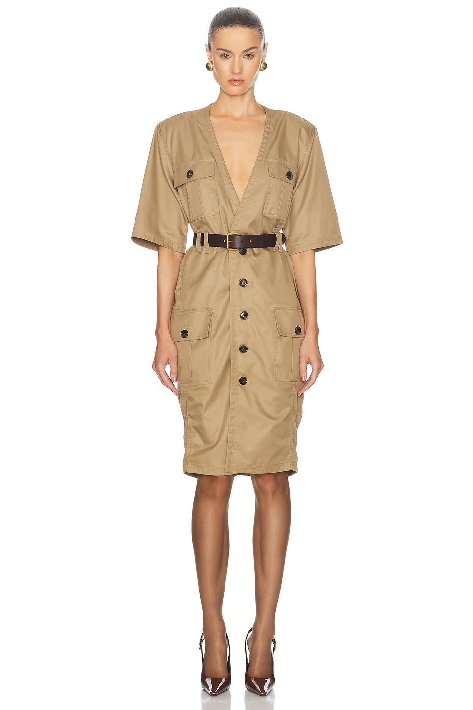 Shop Saint Laurent Utility Shirt Dress In Beige Fonce