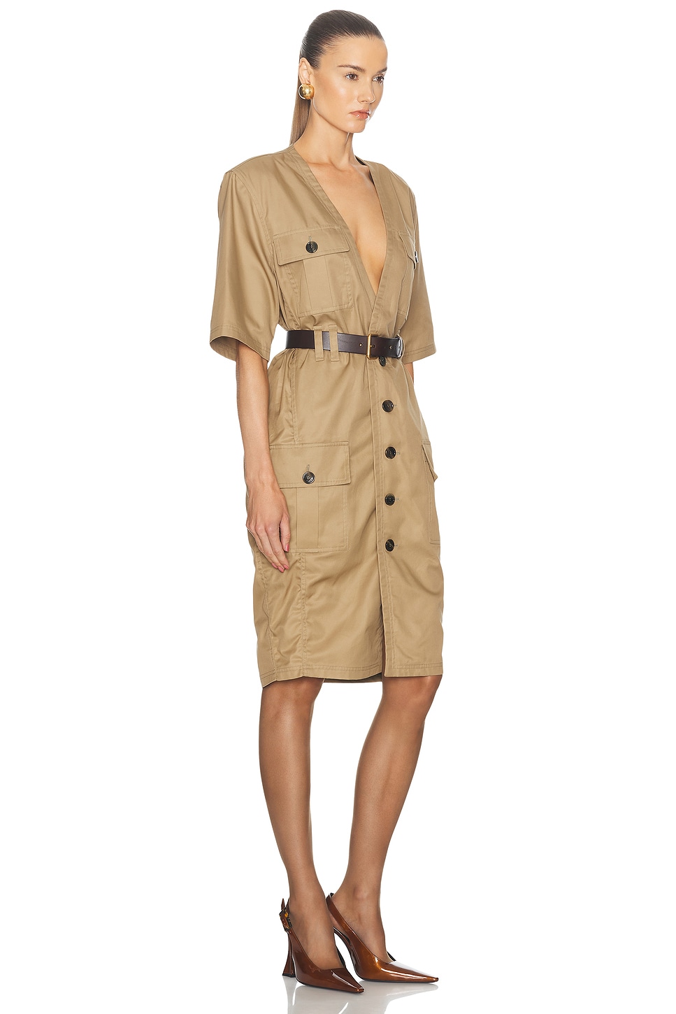 Shop Saint Laurent Utility Shirt Dress In Beige Fonce