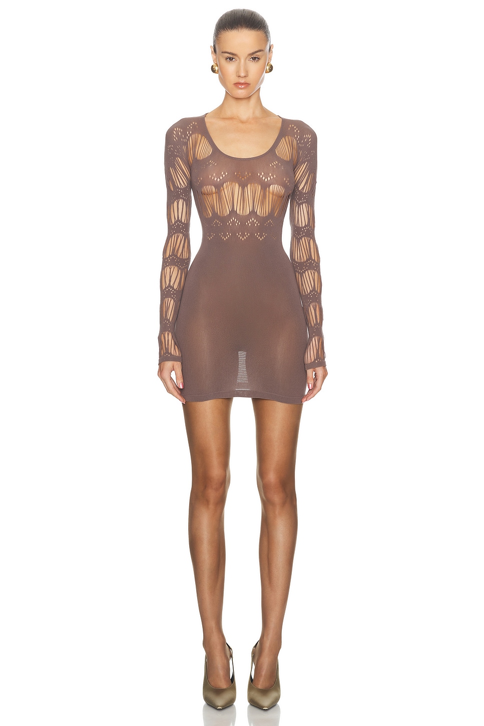 Image 1 of Saint Laurent Cut Out Long Sleeve Dress in Taupe