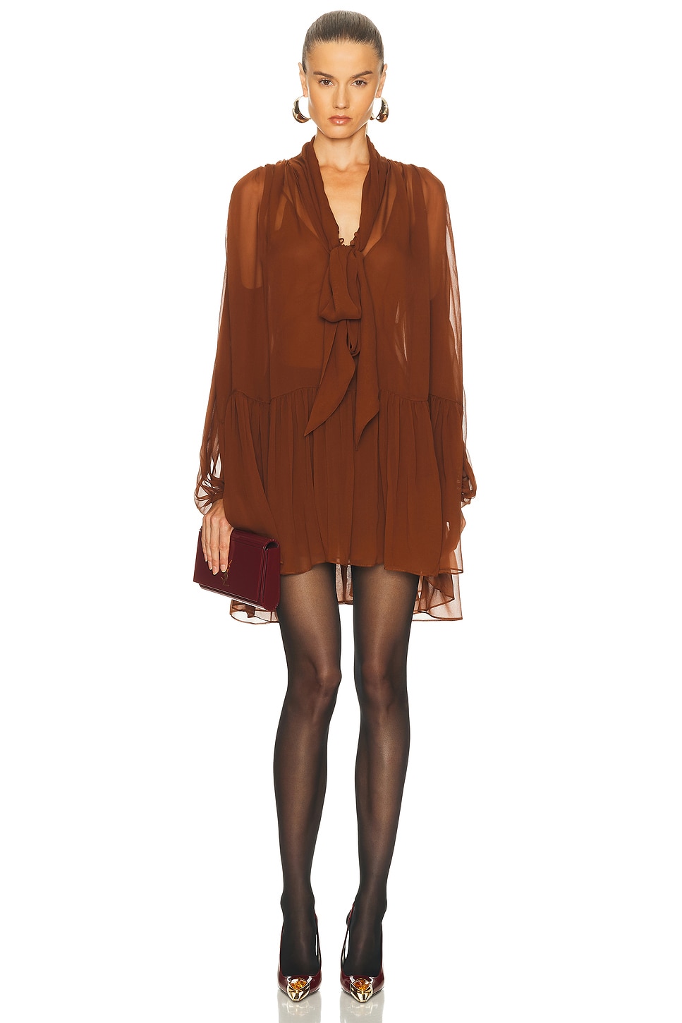 Image 1 of Saint Laurent Sheer Long Sleeve Mini Dress in Rouille