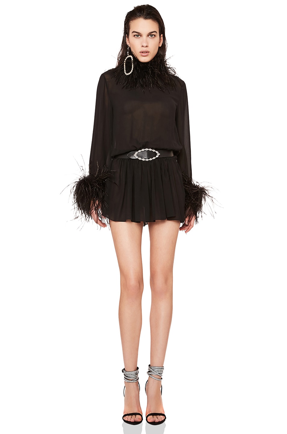 Image 1 of Saint Laurent Feather Trim Washed Silk Mini Dress in Black
