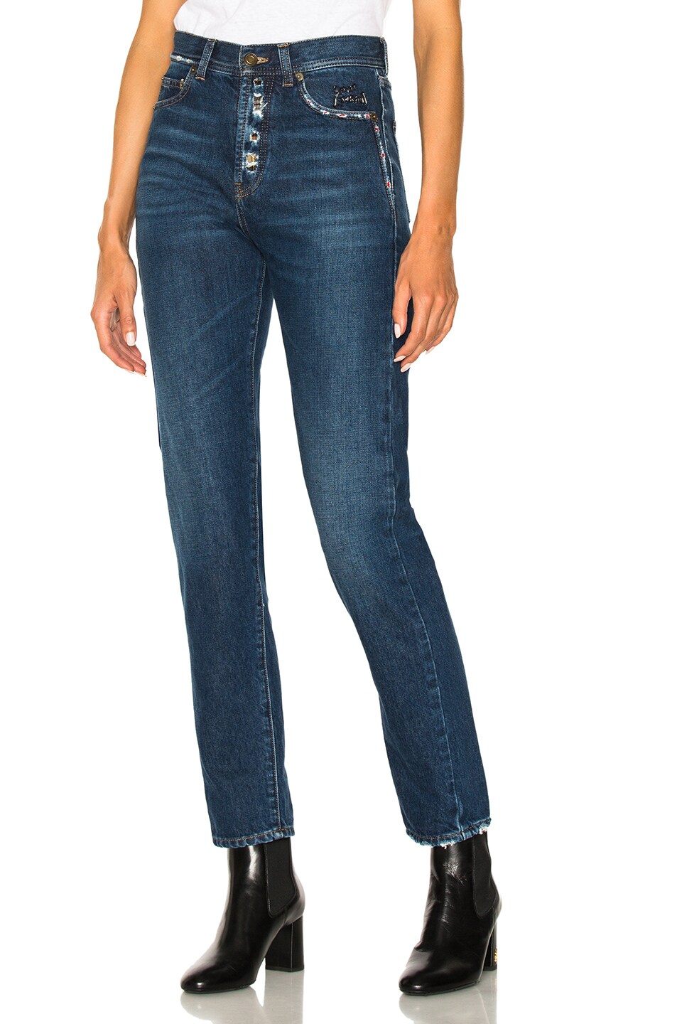 Image 1 of Saint Laurent Ethnic Embroidered Skinny Jeans in Deep Dark Blue