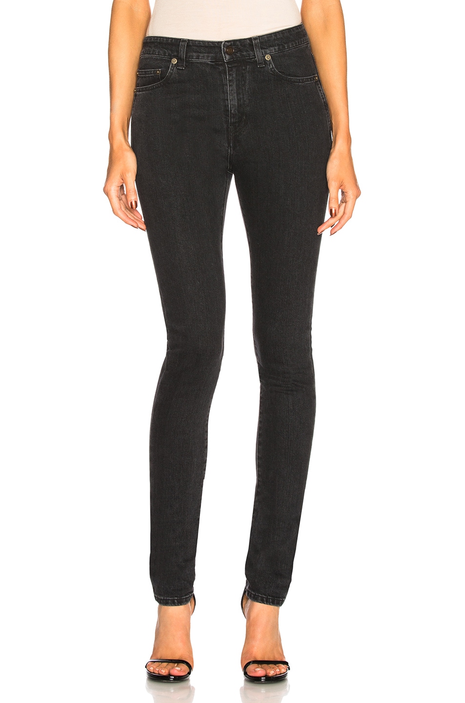 Image 1 of Saint Laurent Medium Rise Skinny Jeans in Black Stonewash