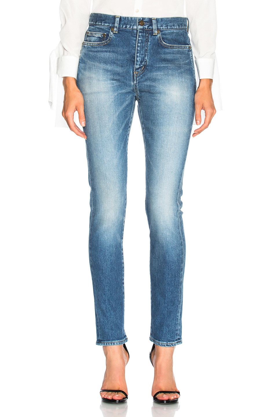 Image 1 of Saint Laurent Medium Rise Skinny Jeans in Used Dark Blue