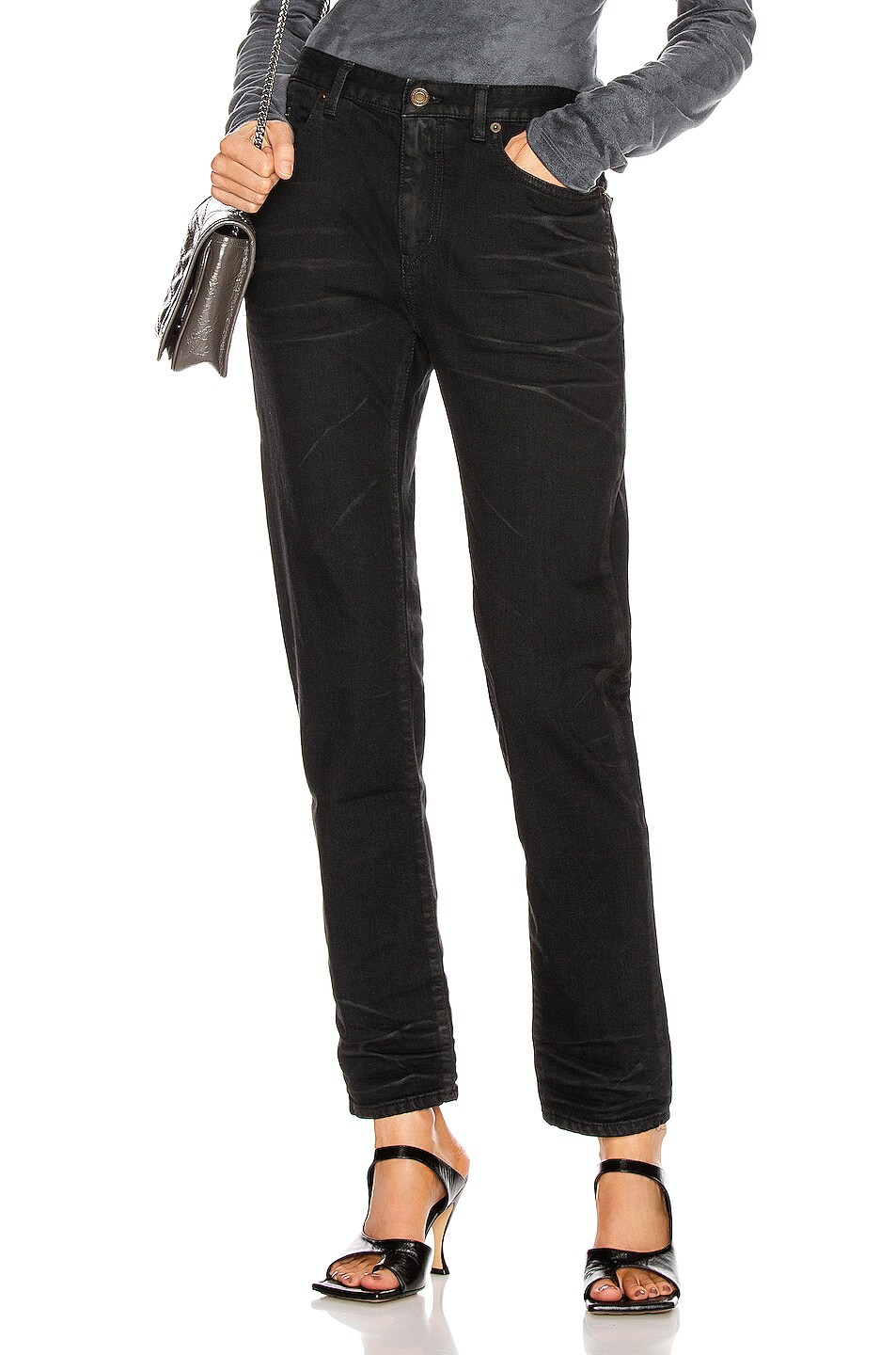 Image 1 of Saint Laurent Medium Waist Cropped Jean in Black