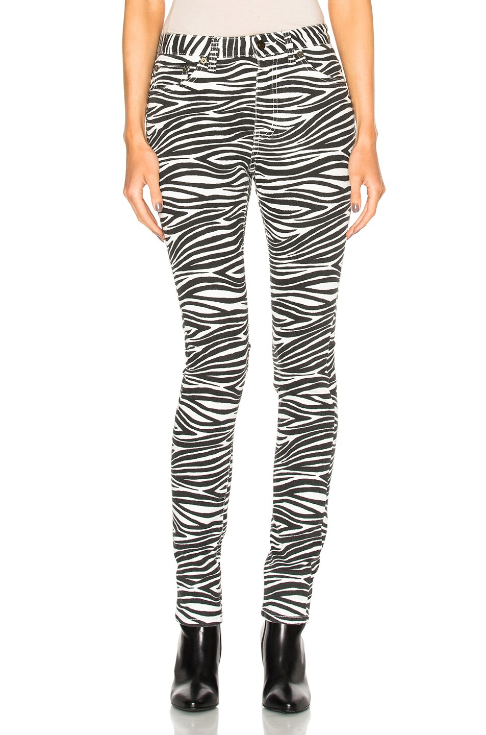 Image 1 of Saint Laurent Skinny 5 Pocket Medium Waist Jeans in White & Black Tiger Print
