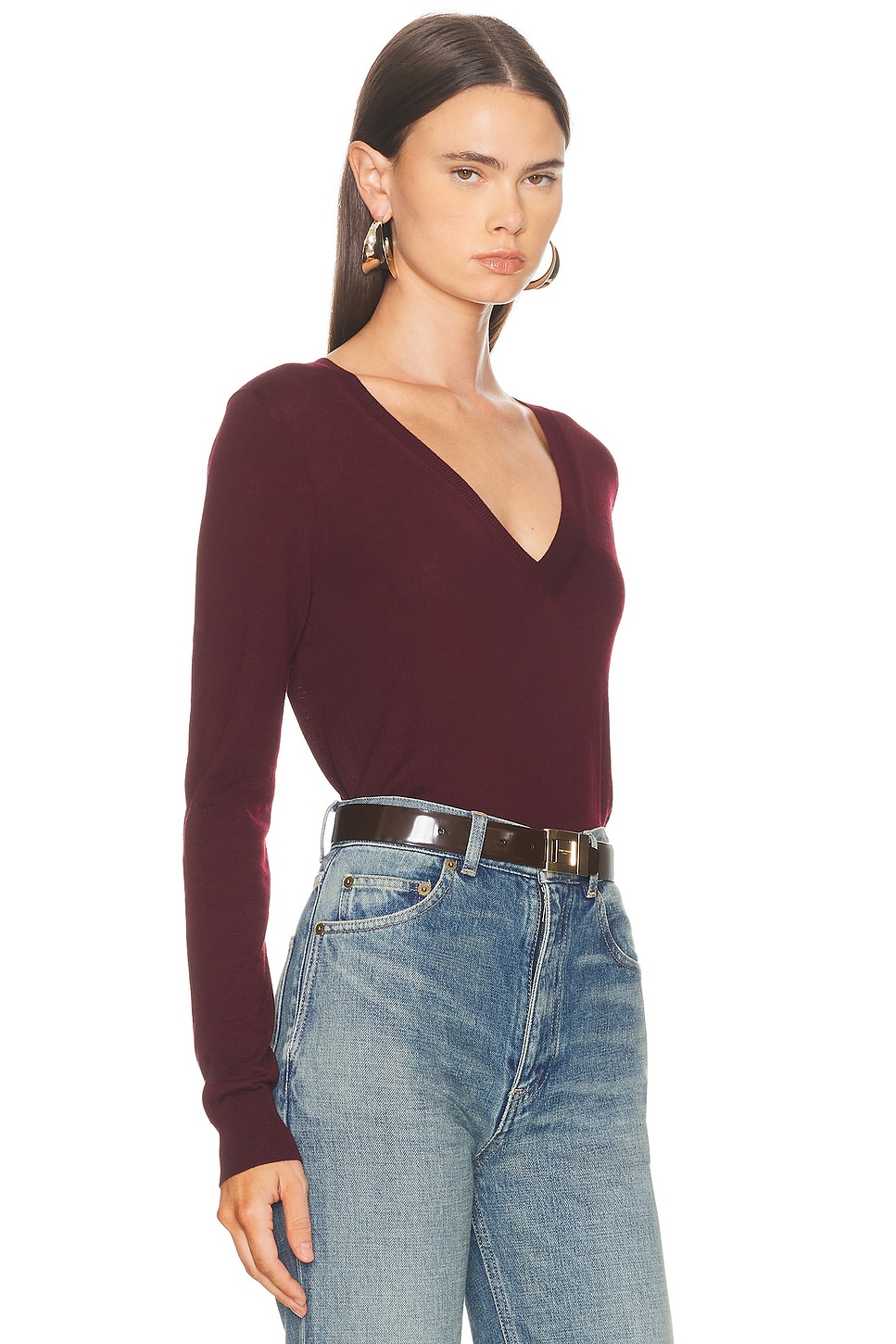 Saint Laurent Ribbed V-neck Knit Sweater With Long Sleeves In Burgundy