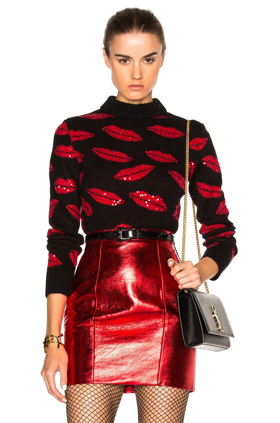 Image 1 of Saint Laurent Lips Embroidery Sweater in Black & Red