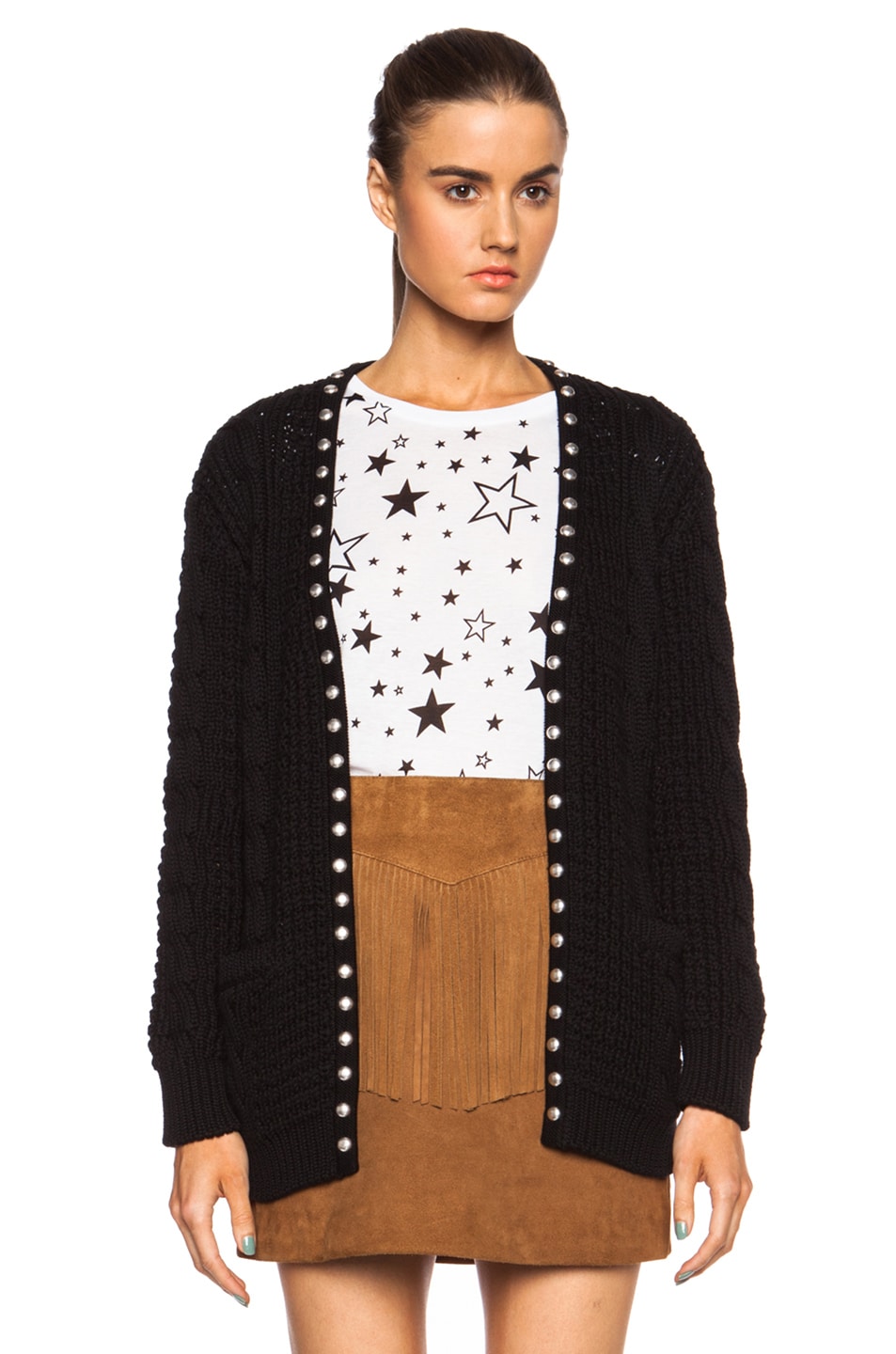 Image 1 of Saint Laurent Oversized Cotton-Blend Cable Knit Studded Cardigan in Nero