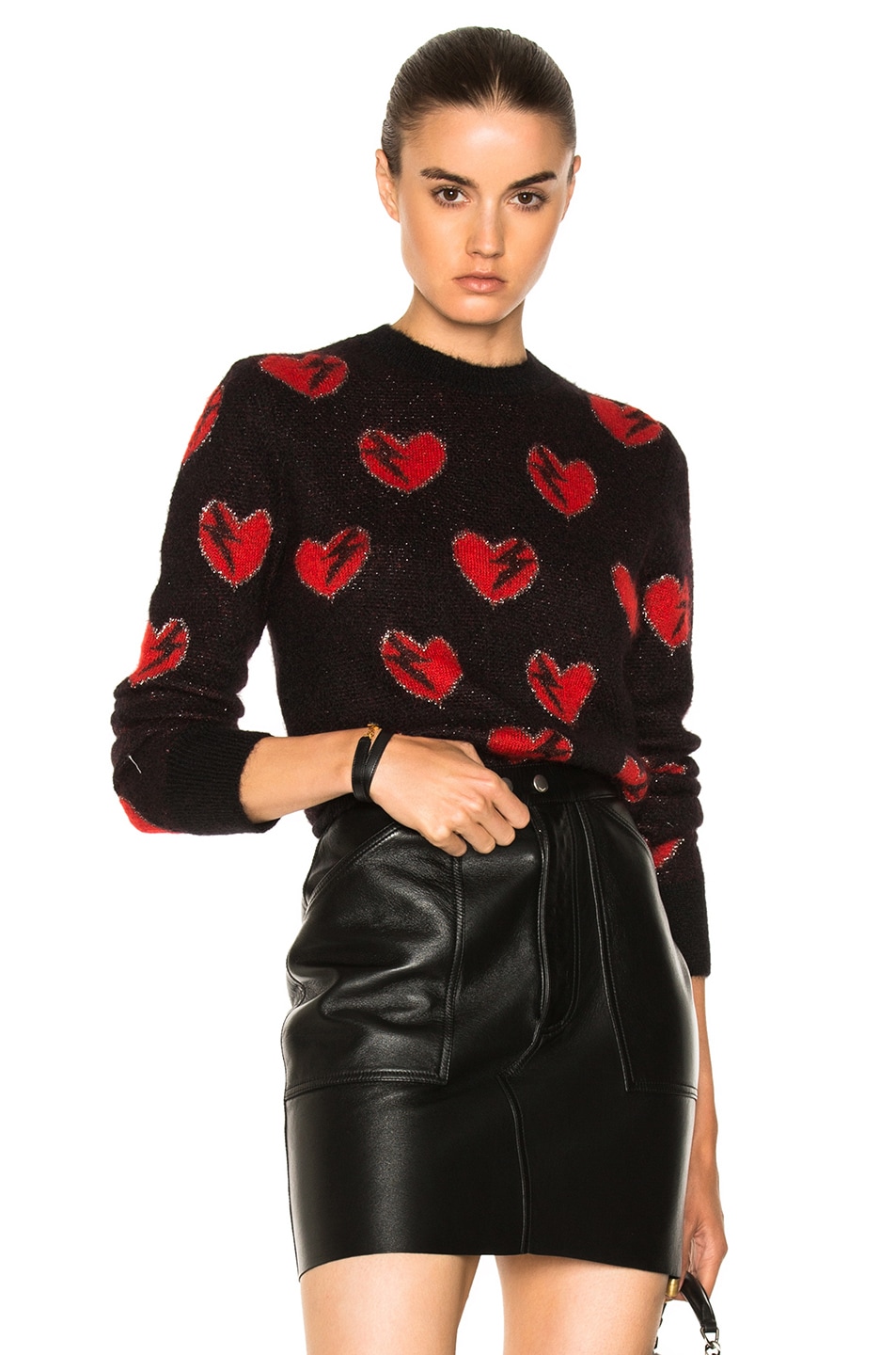 Image 1 of Saint Laurent Heart Print Sweater in Black, Red & Silver