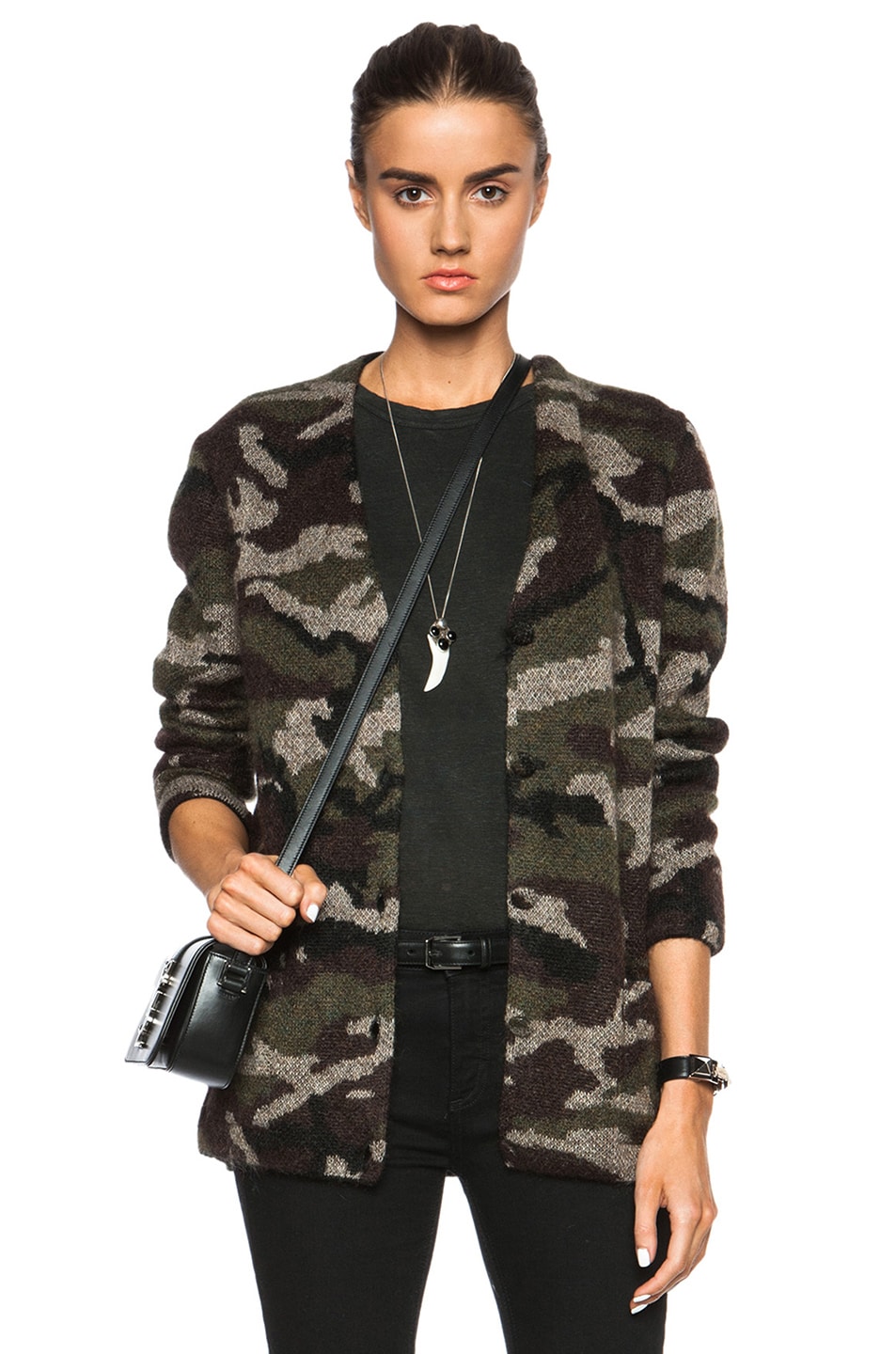 Image 1 of Saint Laurent Camouflage Mohair-Blend Jacquard Cardigan in Brown