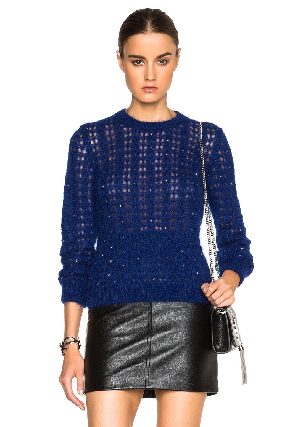 Image 1 of Saint Laurent Crystal Mohair Pullover in Argent & Marine