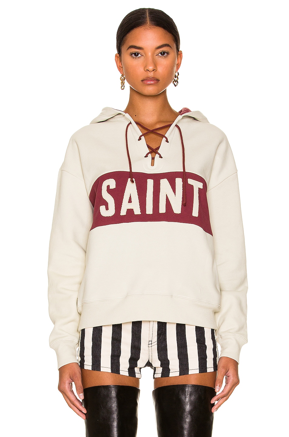 Image 1 of Saint Laurent Boxy Lace Hoodie in Dirty Creme & Bordeaux