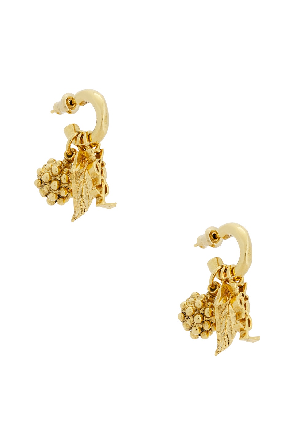 Saint Laurent YSL Leaf & Mulberry Charm Hoop Earrings in Metallic Gold