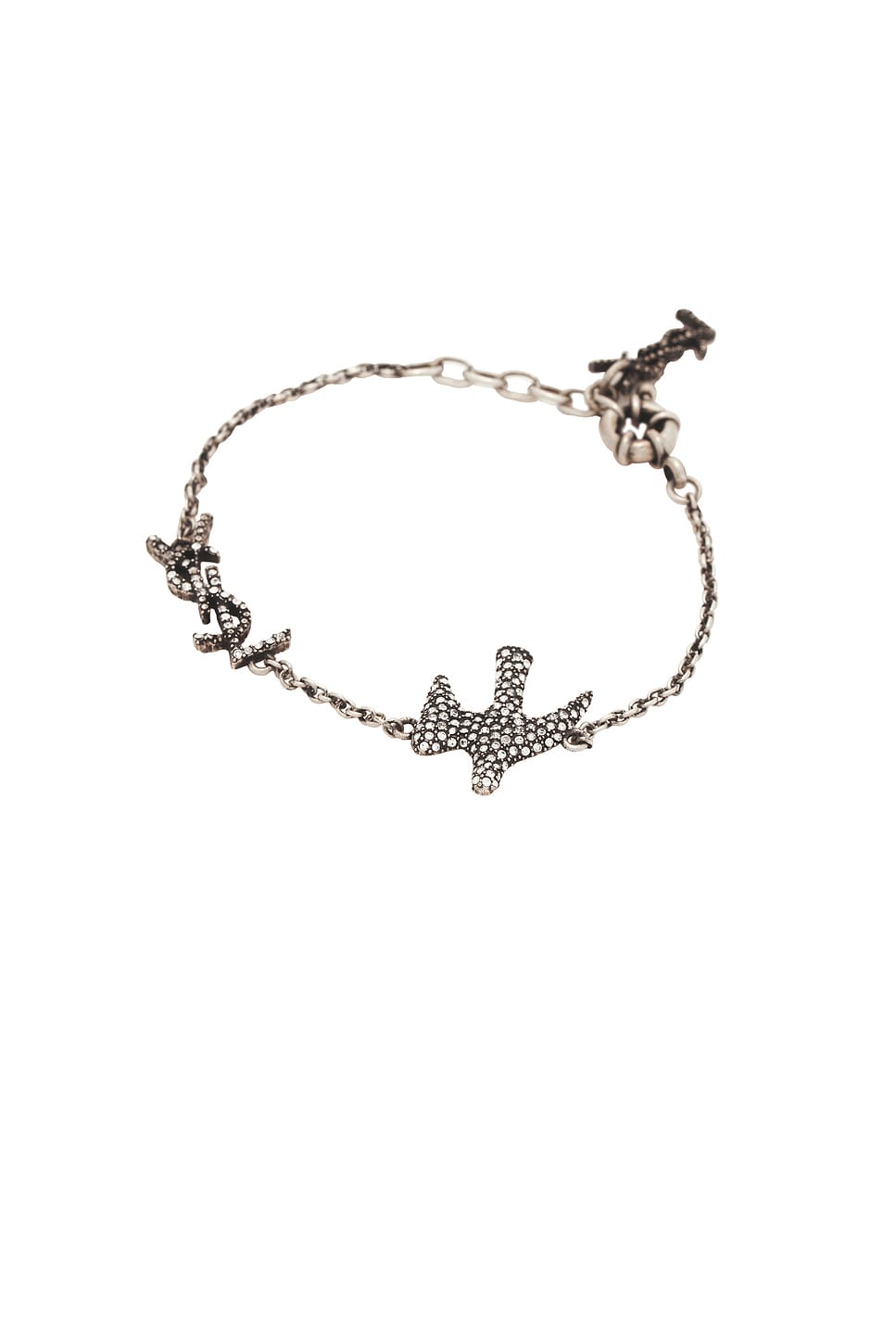 Saint Laurent Thin YSL & Dove Bracelet in Metallic Silver