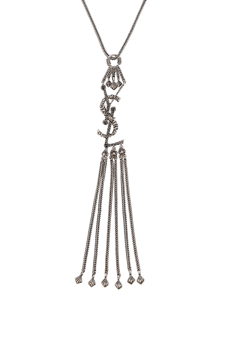 Image 1 of Saint Laurent Logo Pendant Necklace in Oxidized Silver & Black