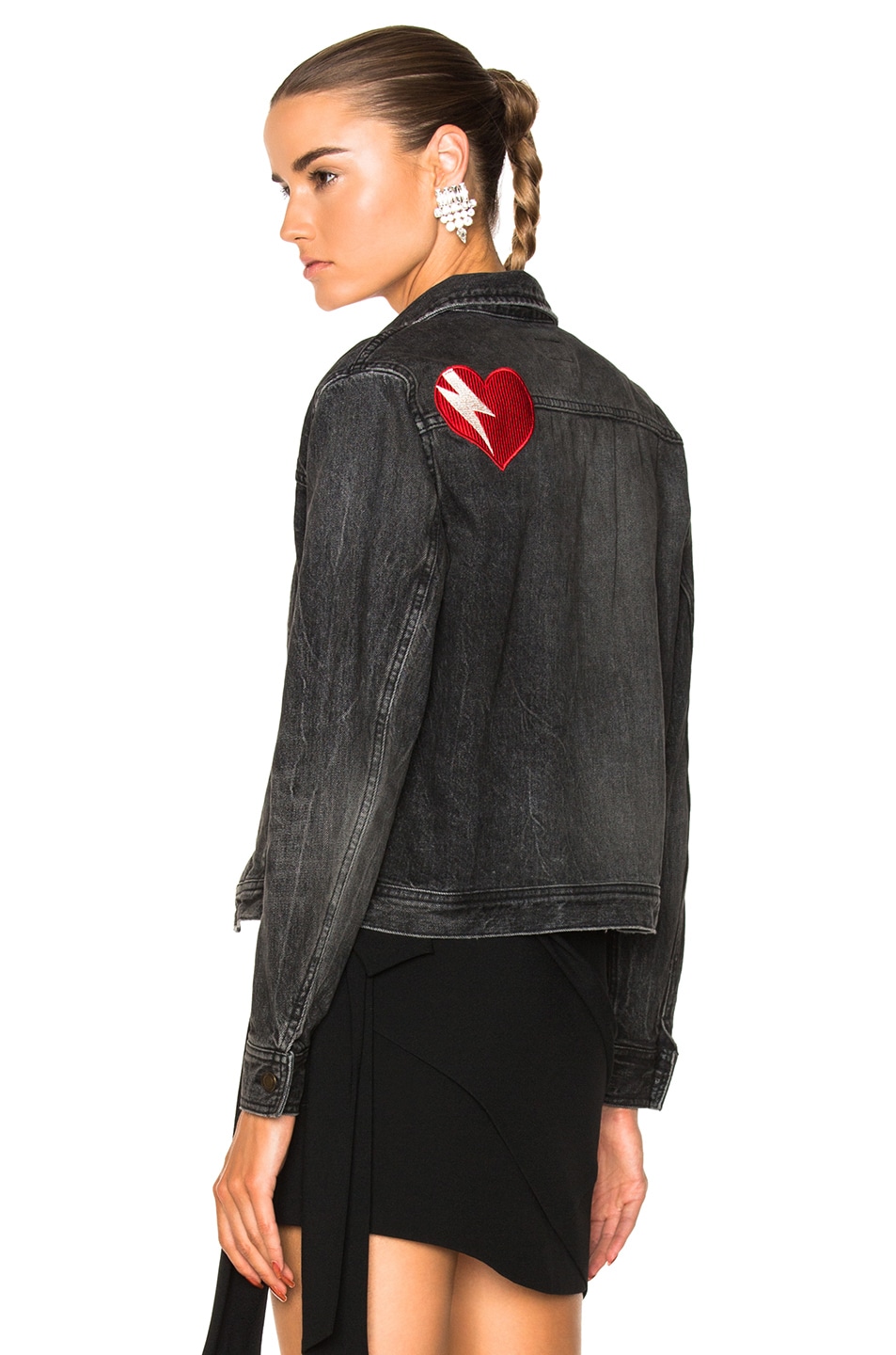 Image 1 of Saint Laurent Heart Patch Denim Jacket in Black Bleached Shadow Wash