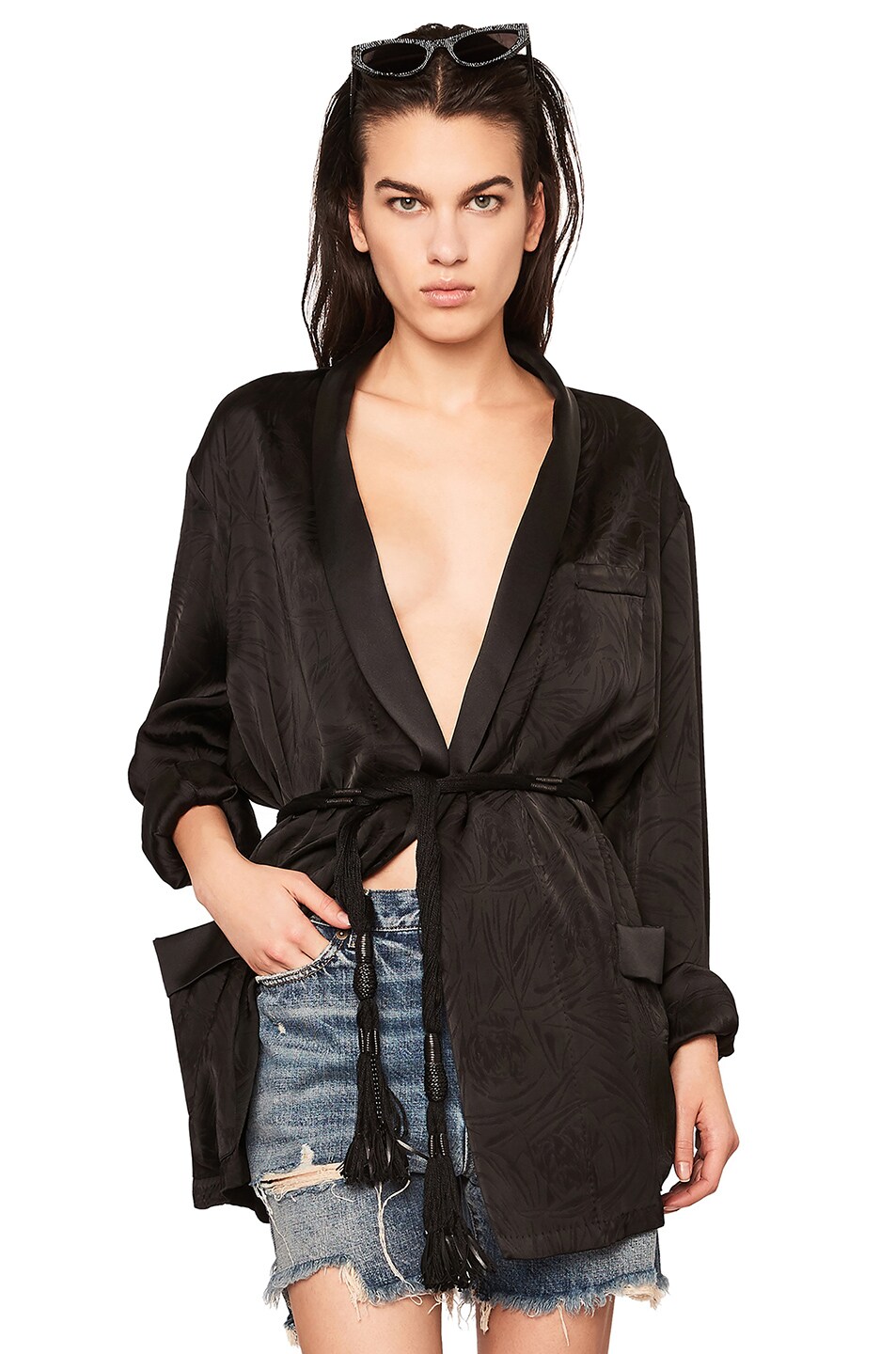 Image 1 of Saint Laurent Satin Contrast Short Robe in Black