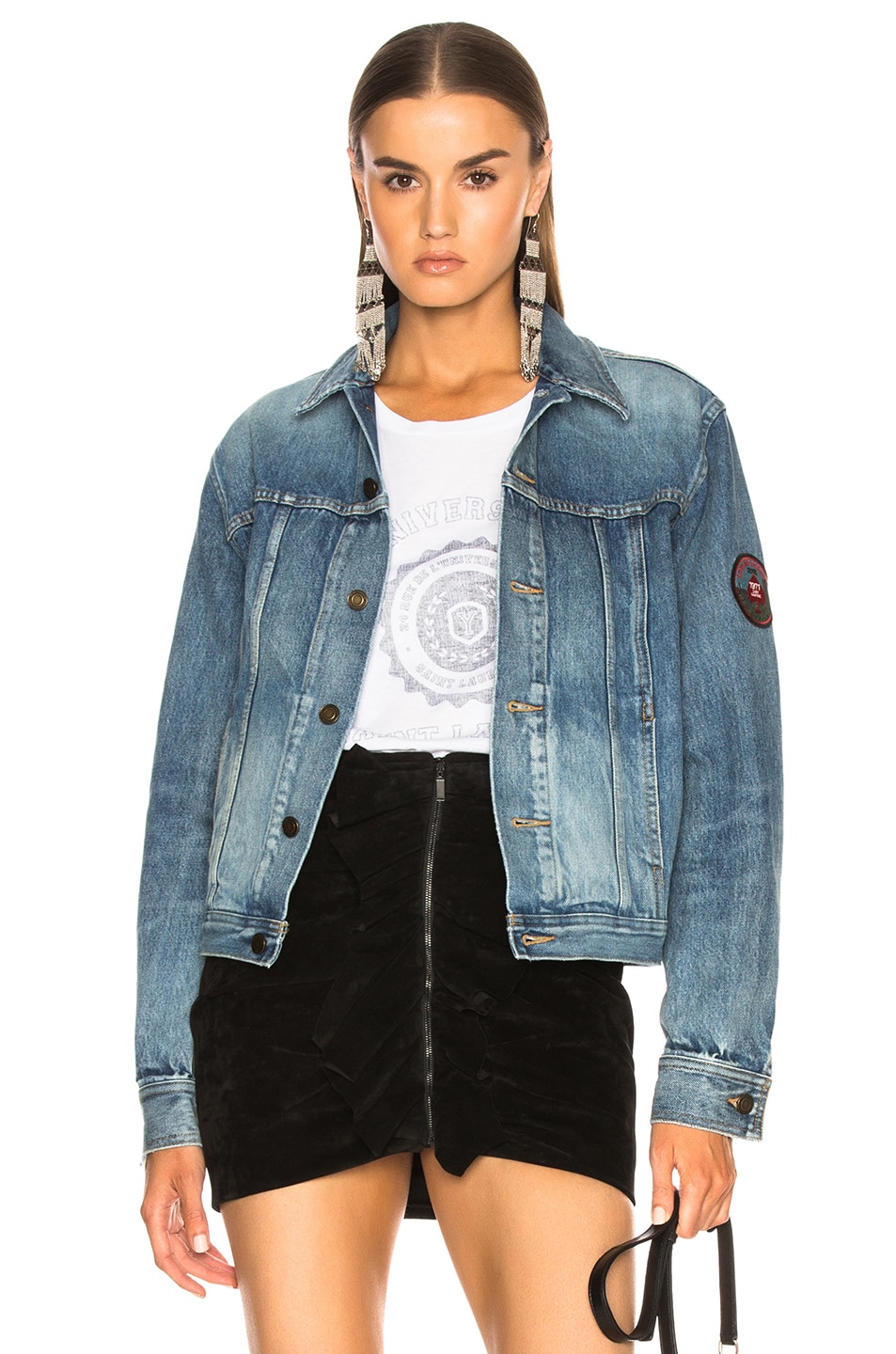 Image 1 of Saint Laurent Pleated Denim Jacket with Shoulder Patch in Medium Stone Blue