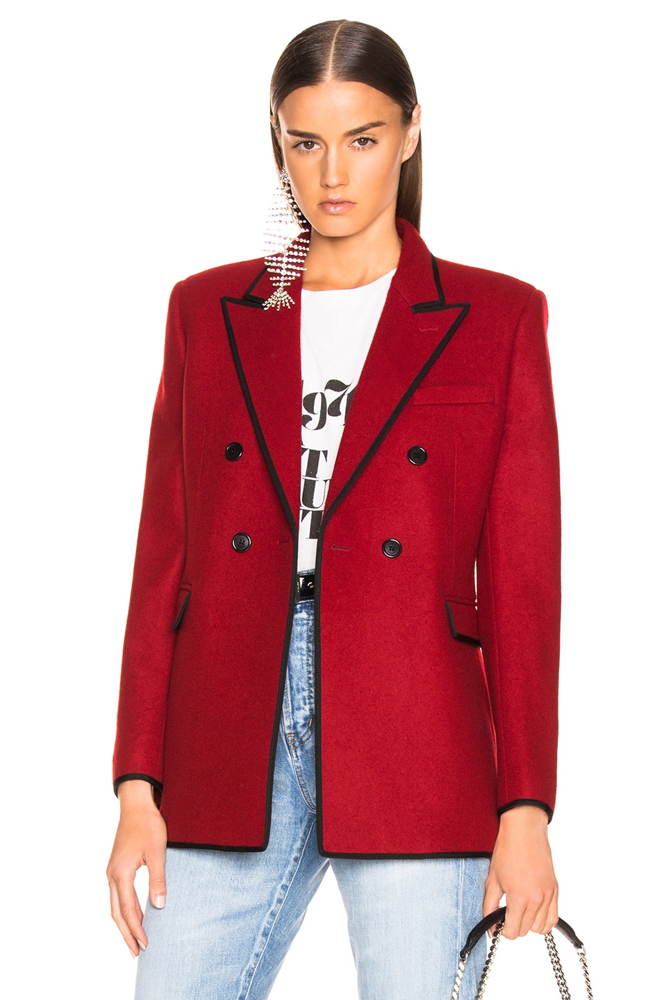 Image 1 of Saint Laurent Contrast Trim Double Breasted Blazer in Red