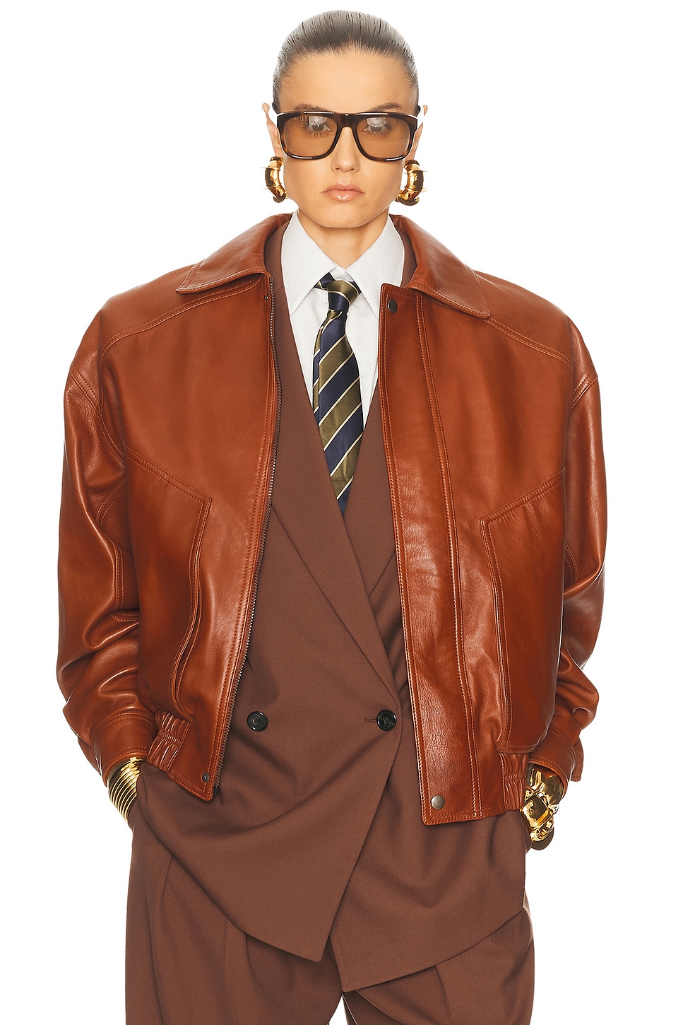 Image 1 of Saint Laurent Leather Bomber Jacket in Marron Epagneul