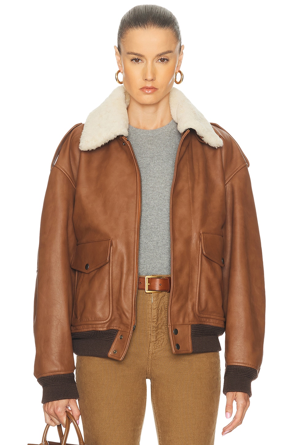 Image 1 of Saint Laurent Aviator Jacket in Marron Terracotta & Noir
