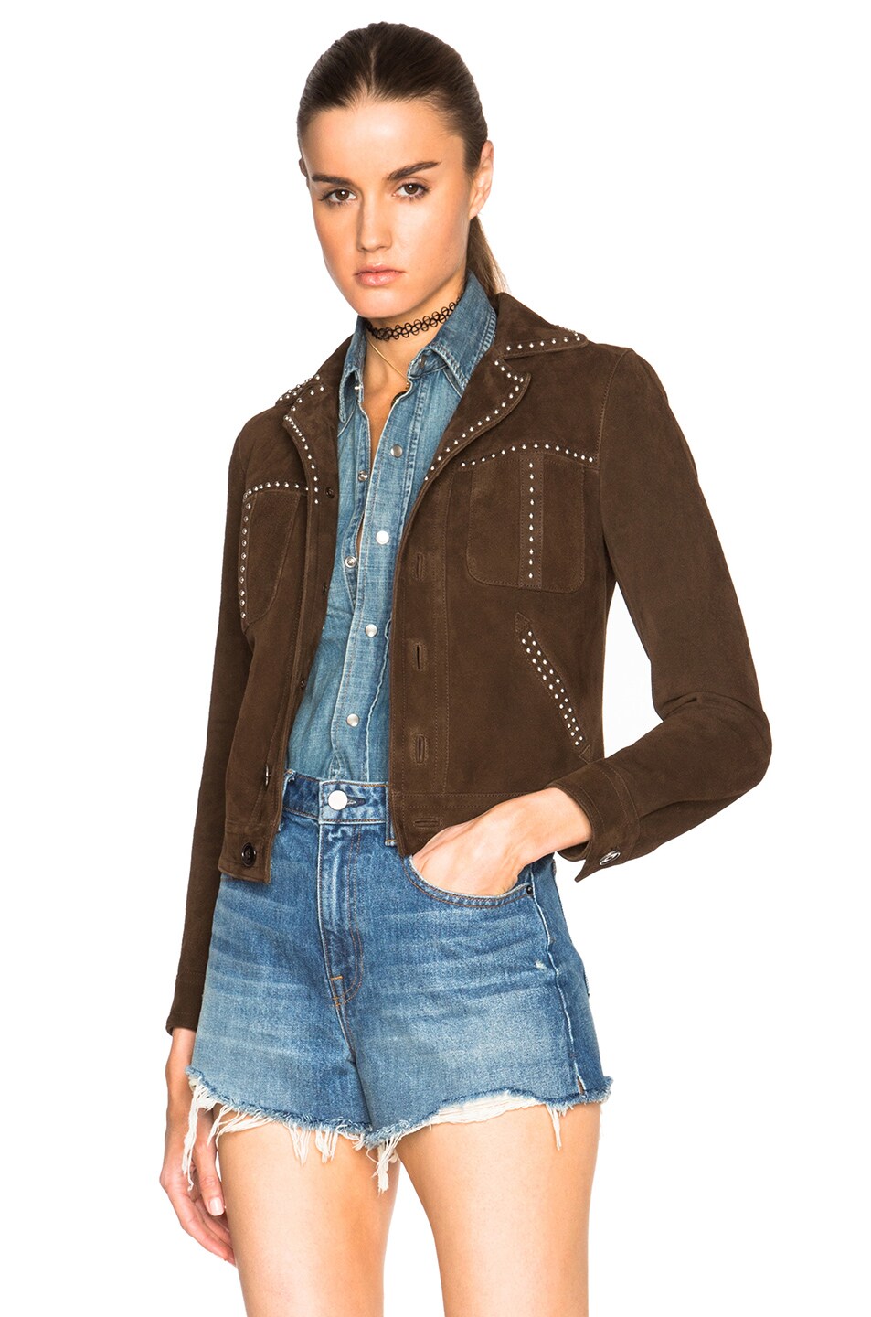 Image 1 of Saint Laurent Studded Suede Jacket in Brown
