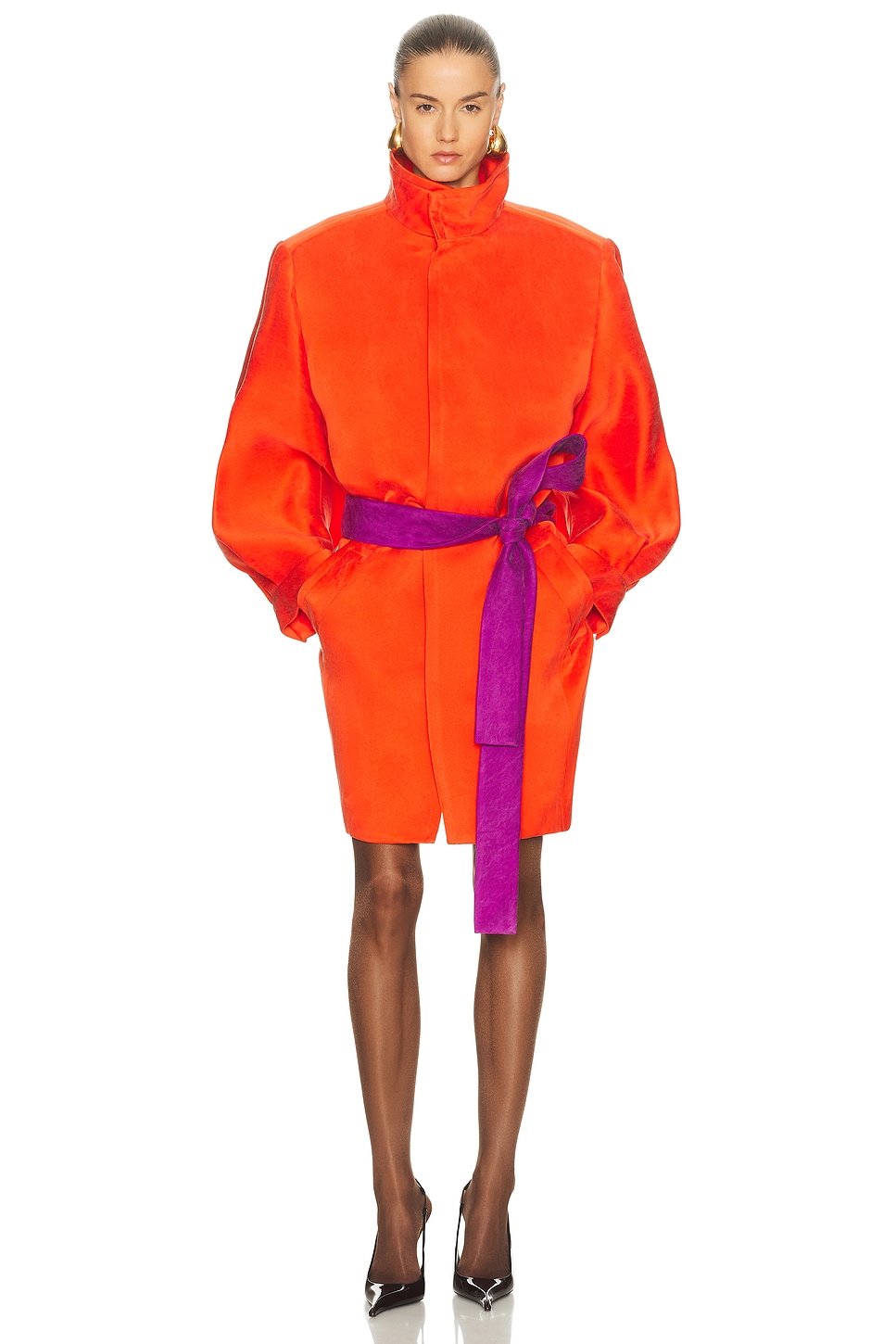 Saint Laurent Belted Coat In Orange