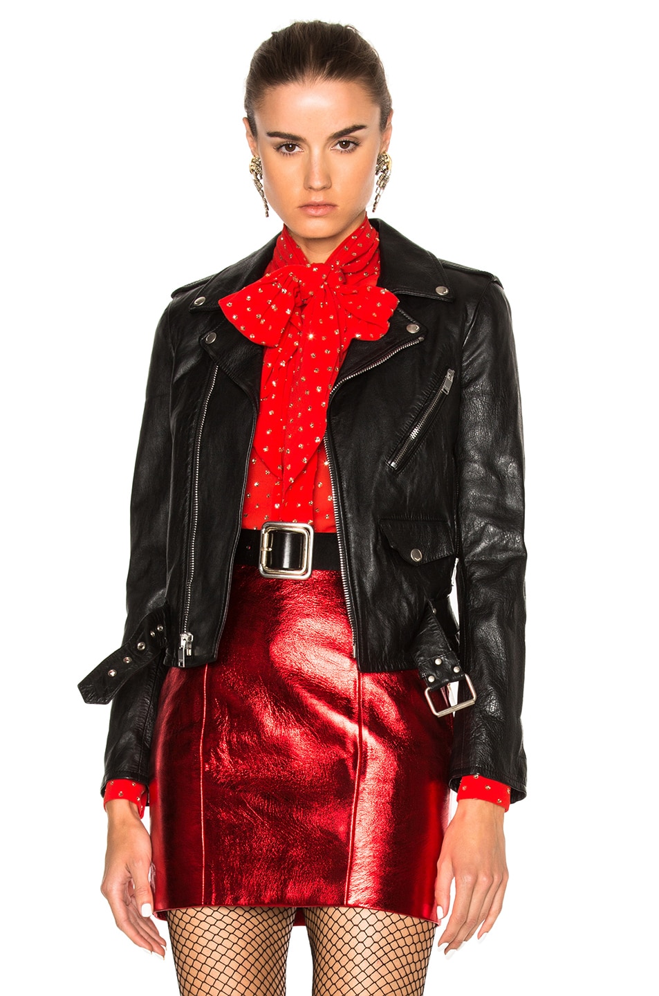 Image 1 of Saint Laurent Studded Motorcycle Jacket in Black & Silver