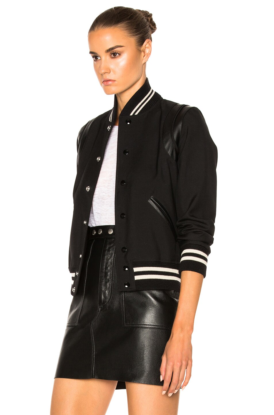 SAINT LAURENT TEDDY LEATHER-TRIMMED WOOL-BLEND BOMBER JACKET, BLACK | ModeSens