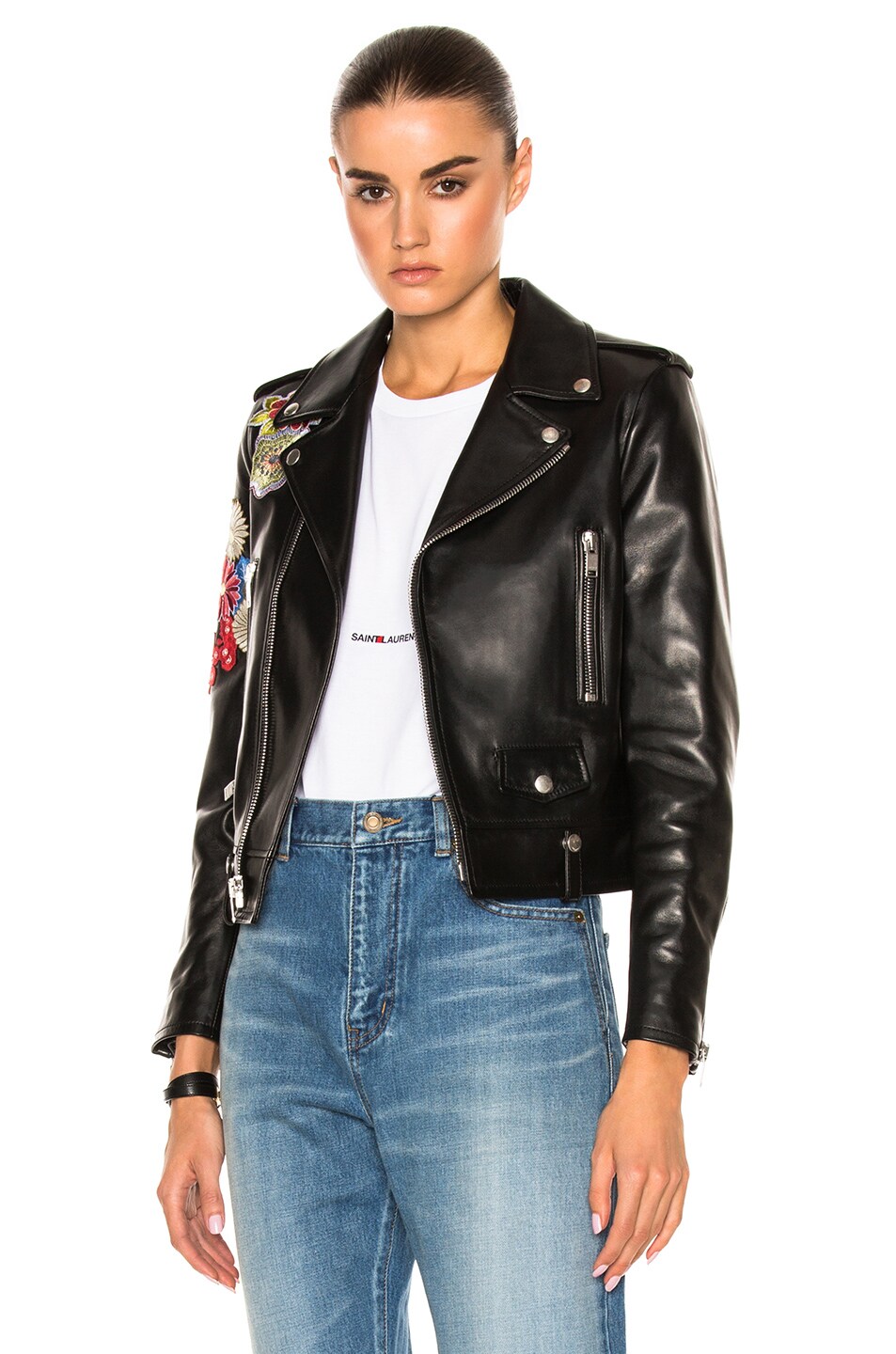 Image 1 of Saint Laurent Embellished Embroidered Leather Motorcycle Jacket in Black & Multi