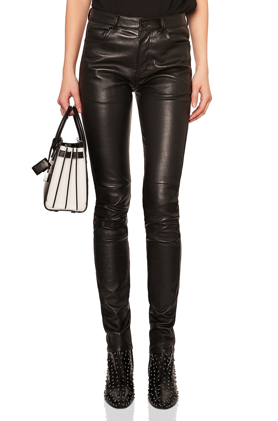 Image 1 of Saint Laurent Stretch Leather Mid Rise Pants in Black