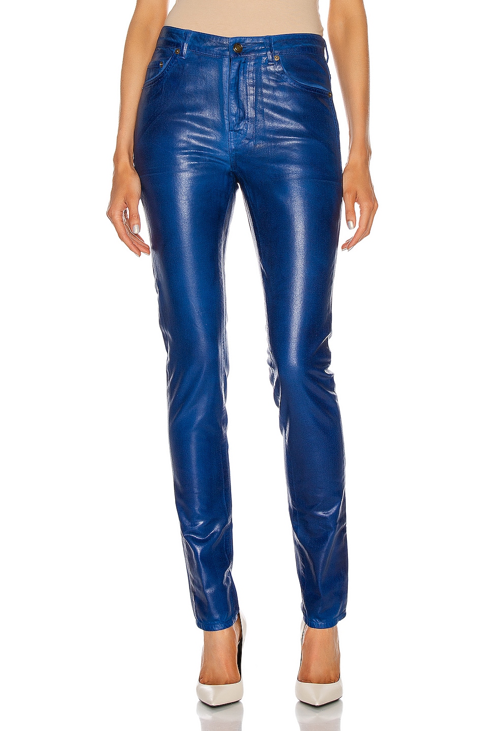 Image 1 of Saint Laurent Skinny 5 Pocket Pant Med in Vinyle Shiny Blue