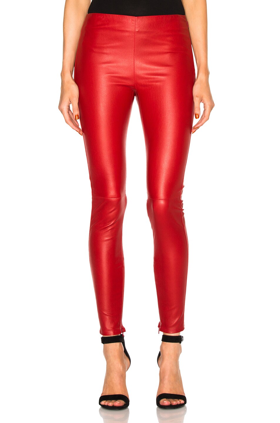 Image 1 of Saint Laurent Shiny Stretch Leather Leggings in Rouge Lipstick