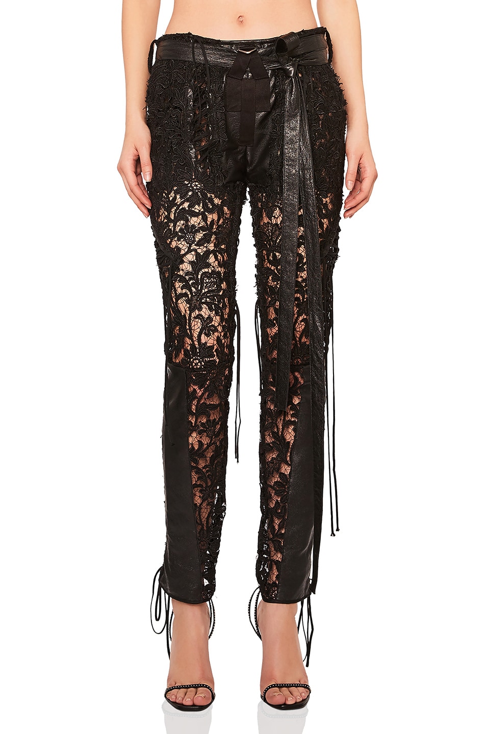 Image 1 of Saint Laurent Lace Up Lace & Leather Pants in Black
