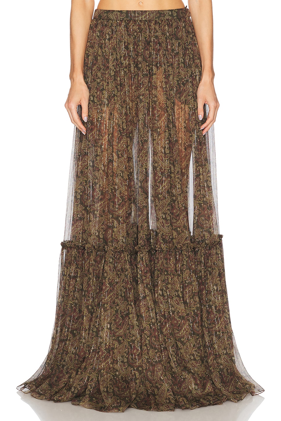 Image 1 of Saint Laurent Tiered Maxi Skirt in Kaki Bordeaux