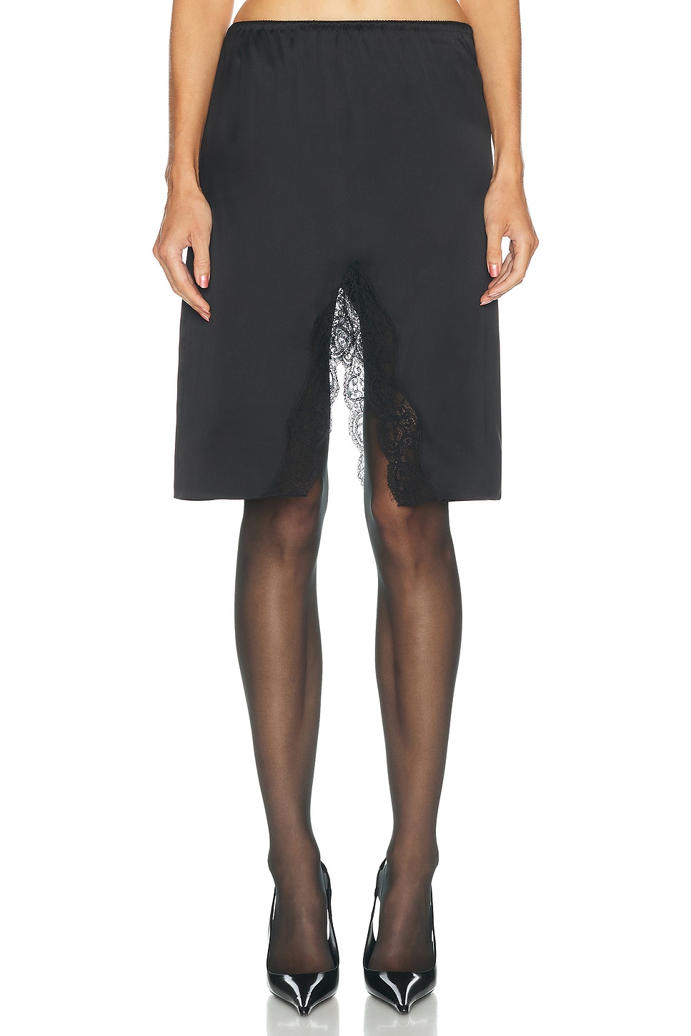 Saint Laurent Lace Trimmed Satin Midi Skirt