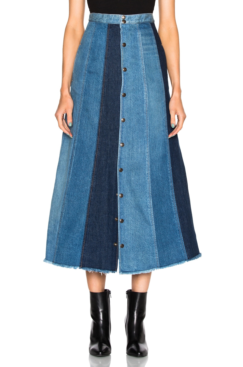 Image 1 of Saint Laurent Long Patchwork Denim Skirt in Dirty Blue