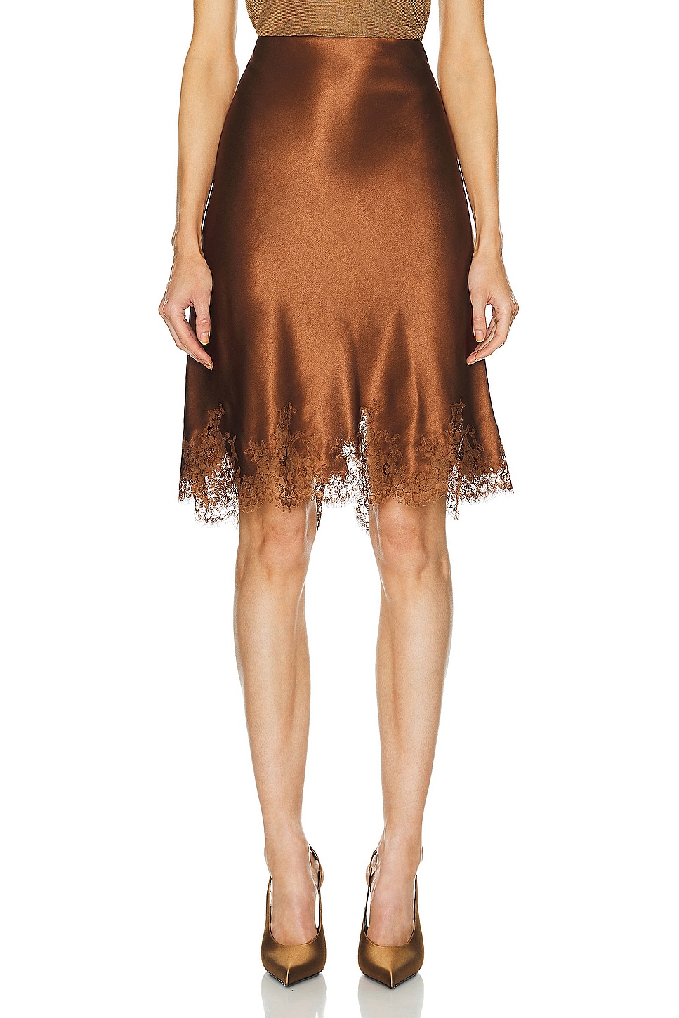 Image 1 of Saint Laurent Satin Lace Skirt in Caramel