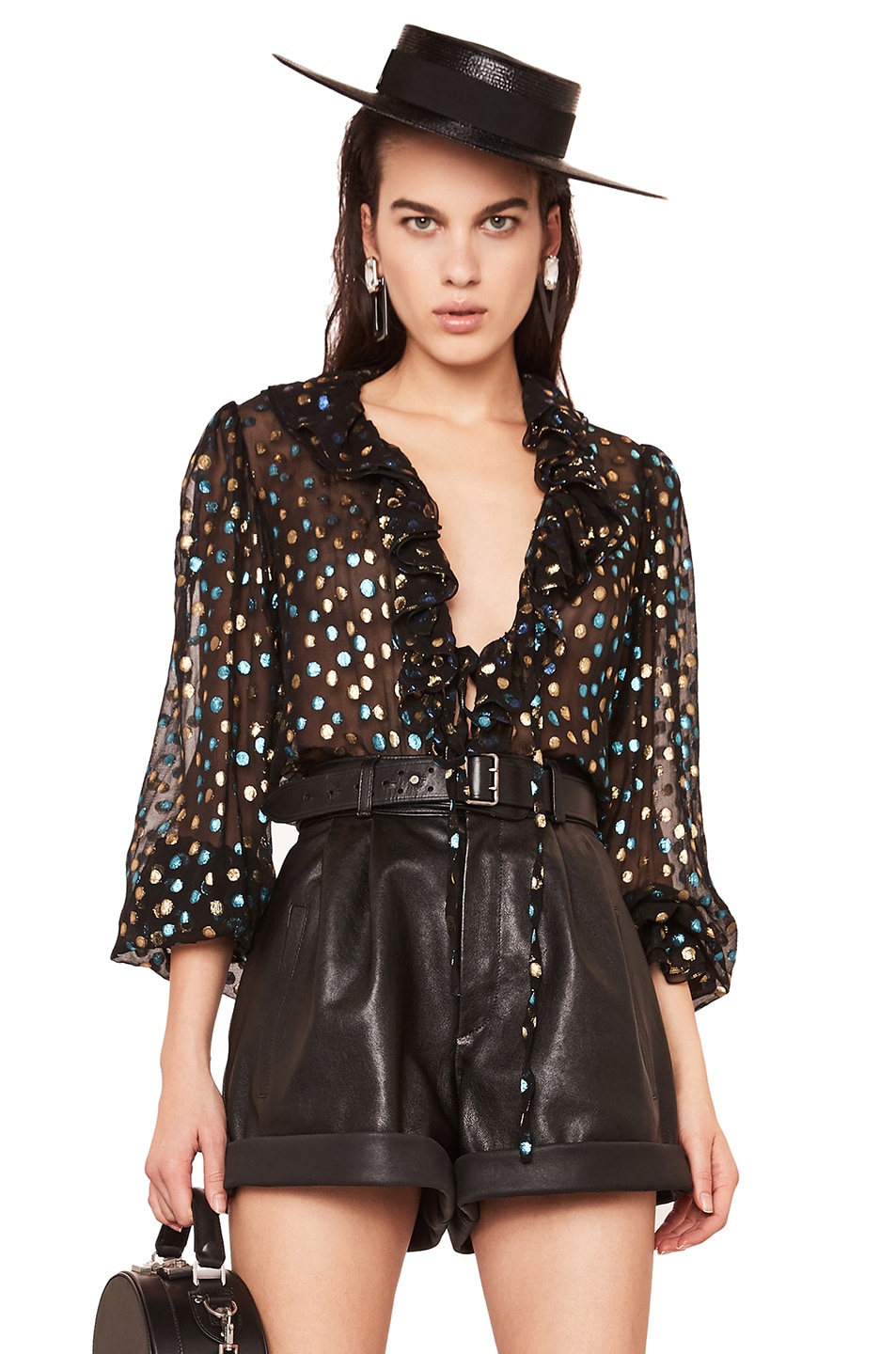 Image 1 of Saint Laurent Ruffle Trim Blouse in Black, Turquoise & Gold